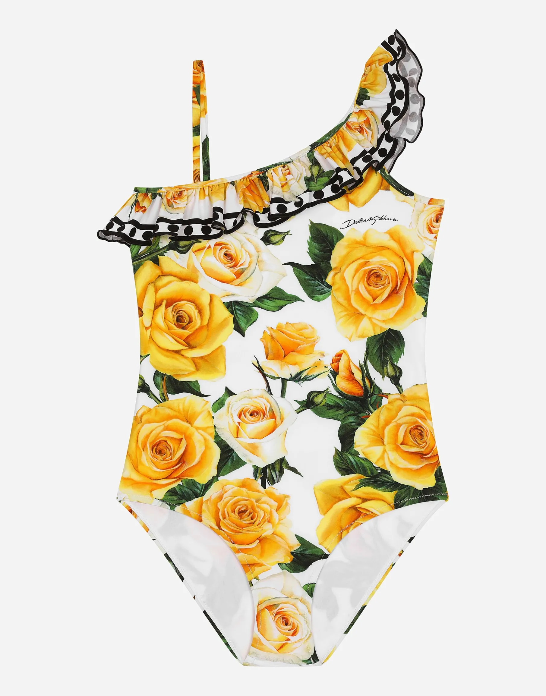 Spandex one-piece swimsuit with yellow rose print