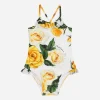 Spandex one-piece swimsuit with yellow rose print