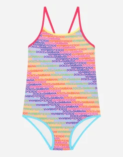 Spandex one-piece swimsuit with all-over logo print
