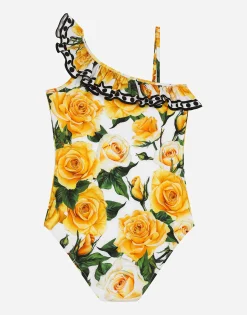 Spandex one-piece swimsuit with yellow rose print
