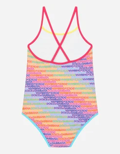 Spandex one-piece swimsuit with all-over logo print