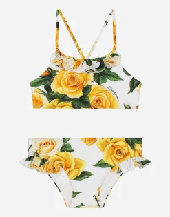 Spandex 2-piece swimsuit with yellow rose print