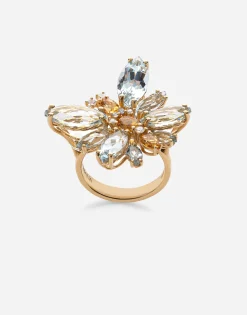 Spring ring in yellow 18kt gold with aquamarine butterfly