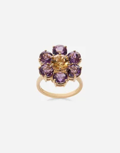 Spring ring in yellow 18kt gold with amethyst floral motif