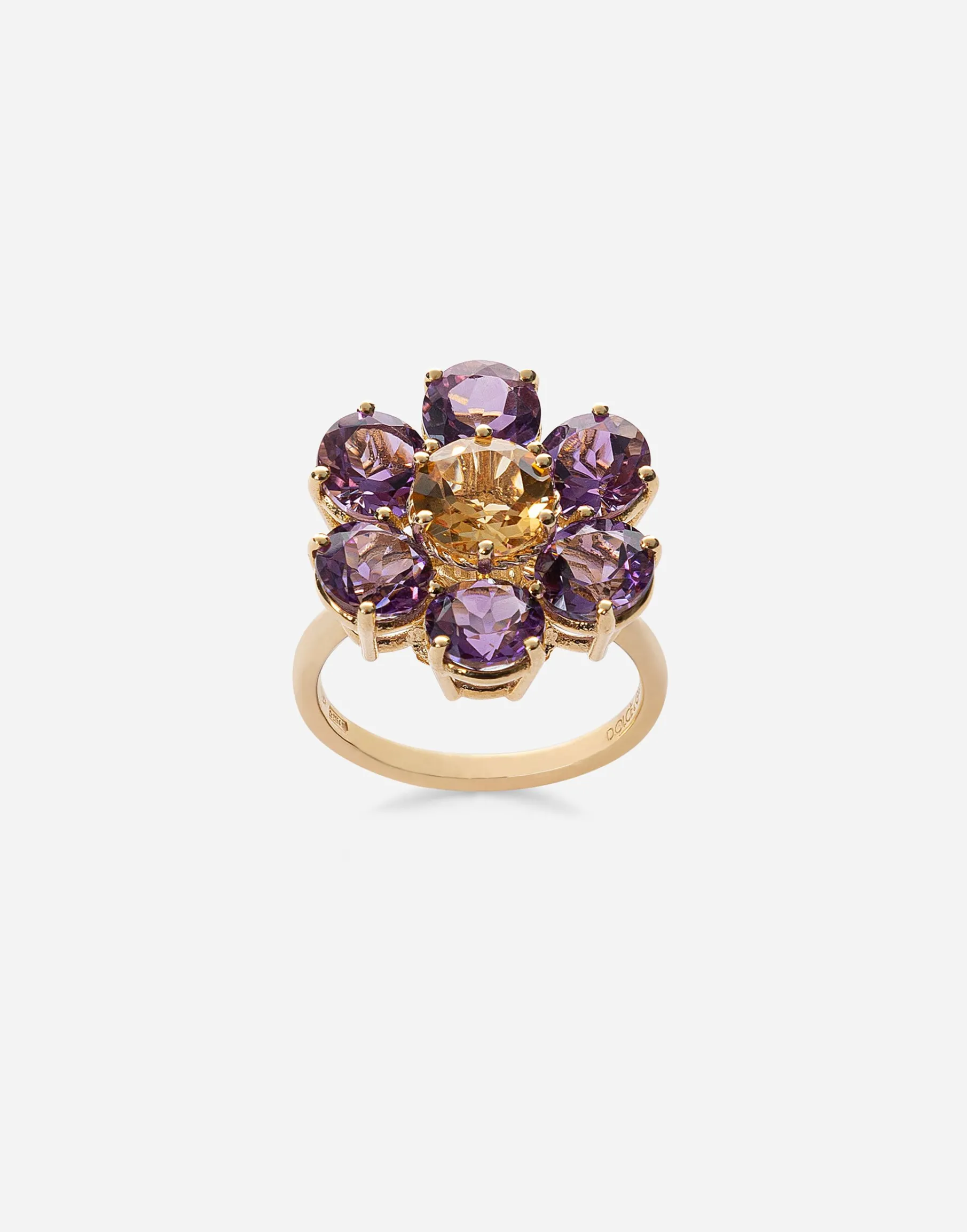 Spring ring in yellow 18kt gold with amethyst floral motif