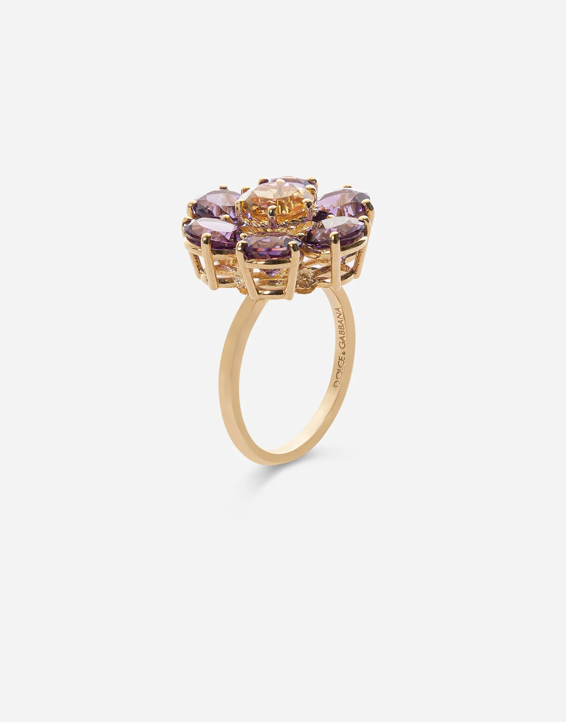 Spring ring in yellow 18kt gold with amethyst floral motif