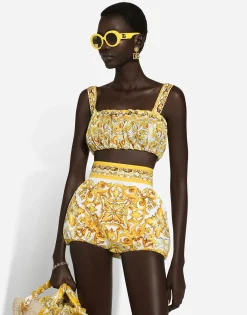 Strappy poplin top with majolica print