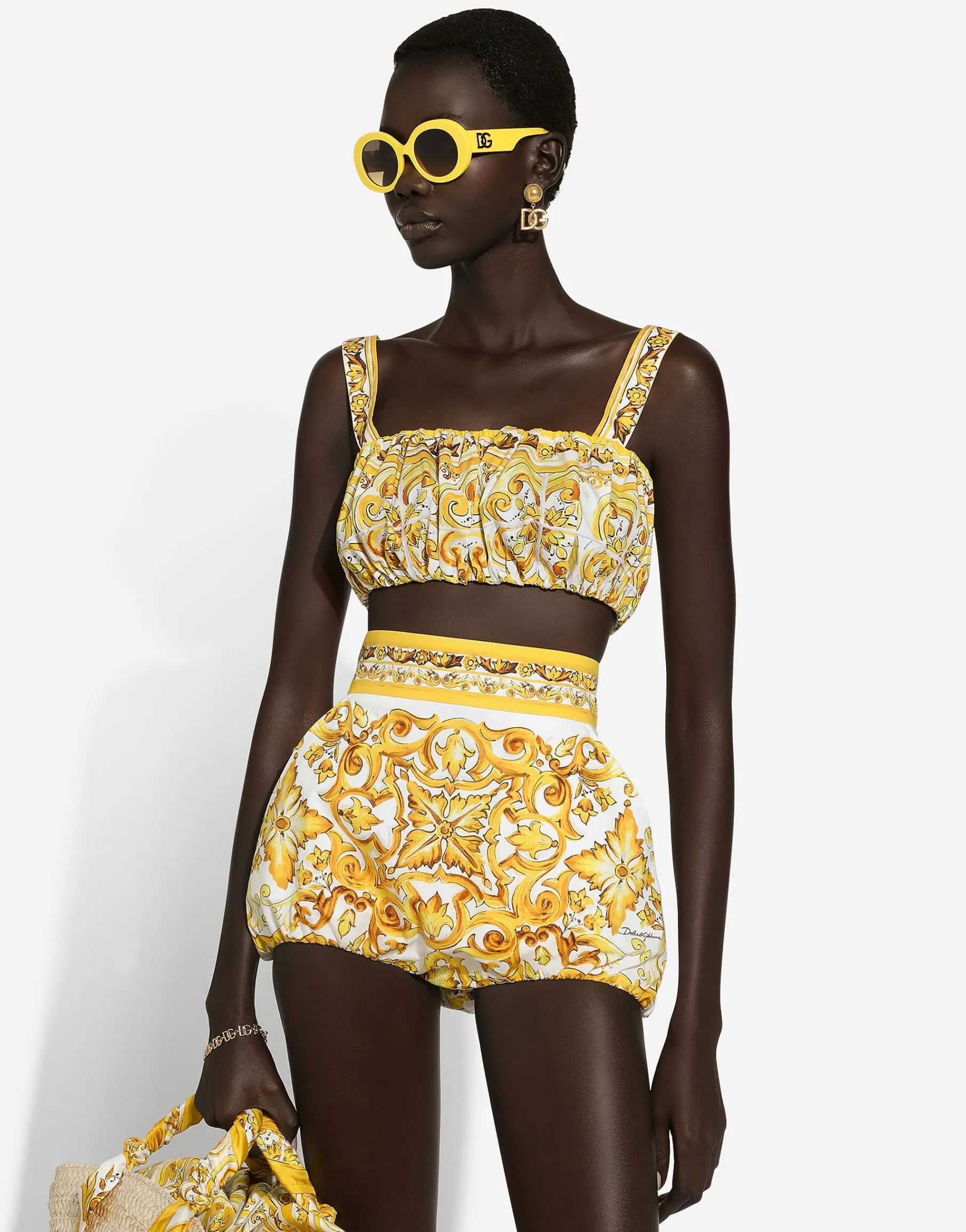 Strappy poplin top with majolica print