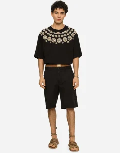 Stretch cotton cargo pants with brand plate