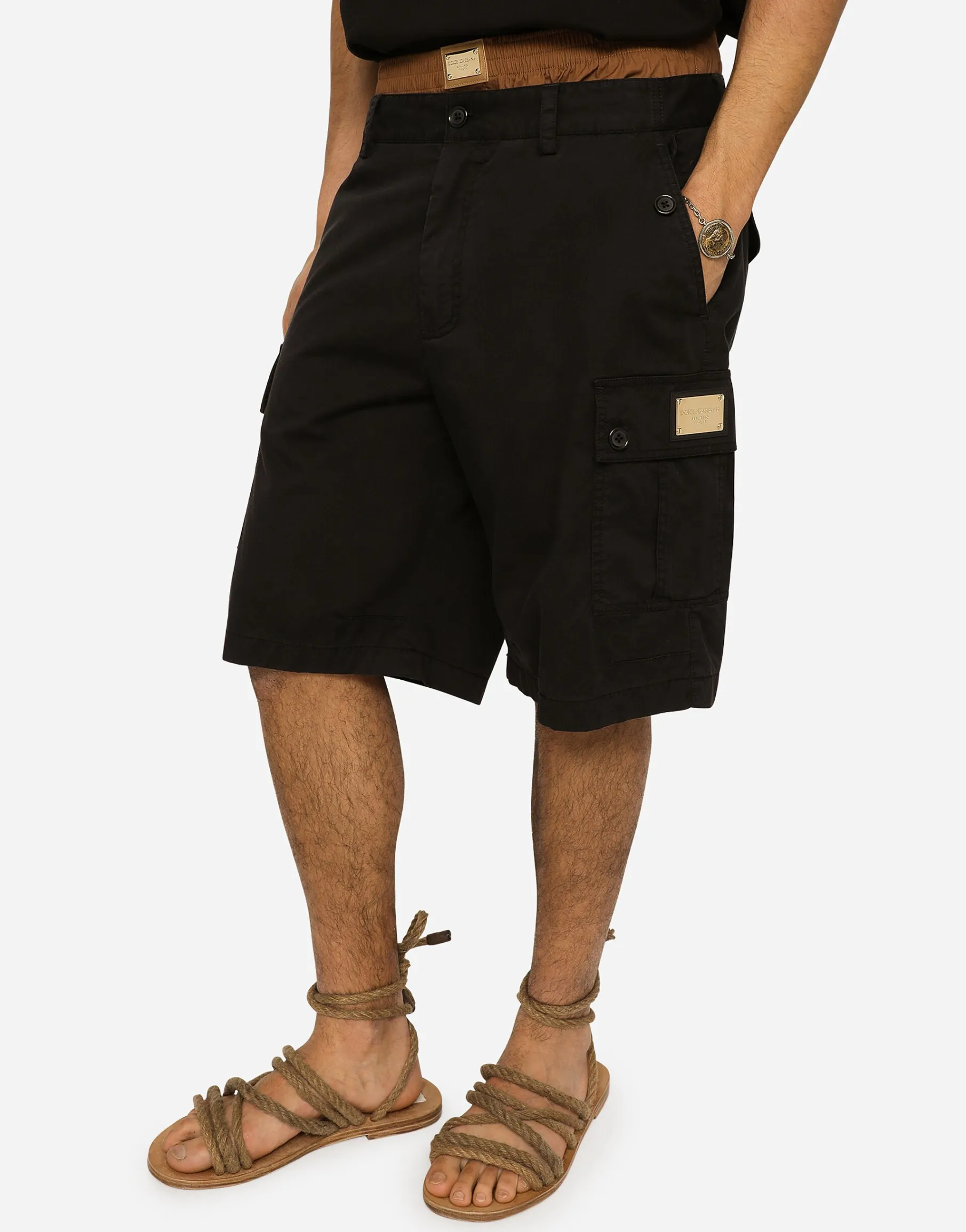 Stretch cotton cargo pants with brand plate