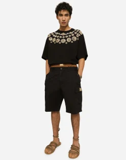Stretch cotton cargo pants with brand plate