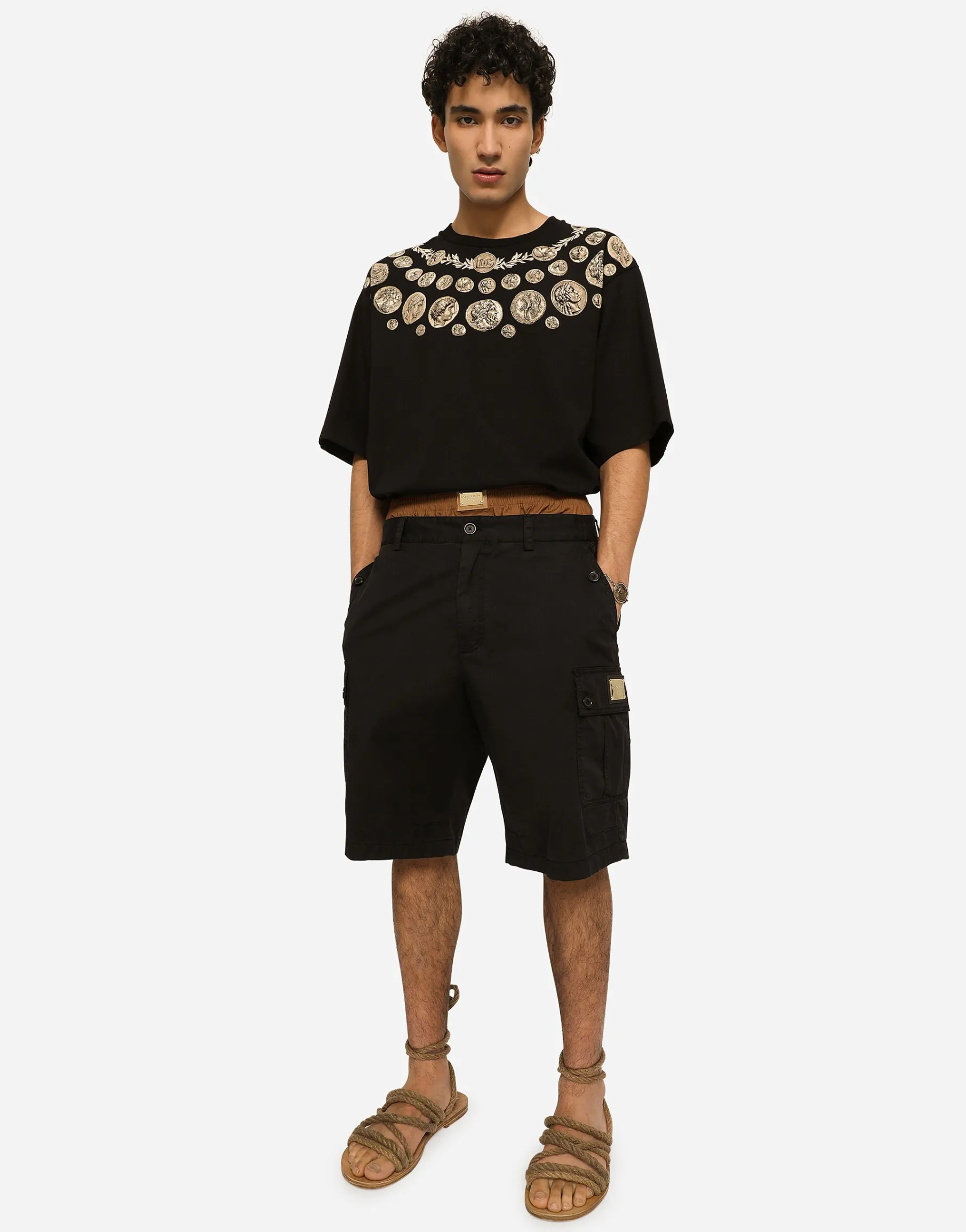 Stretch cotton cargo pants with brand plate