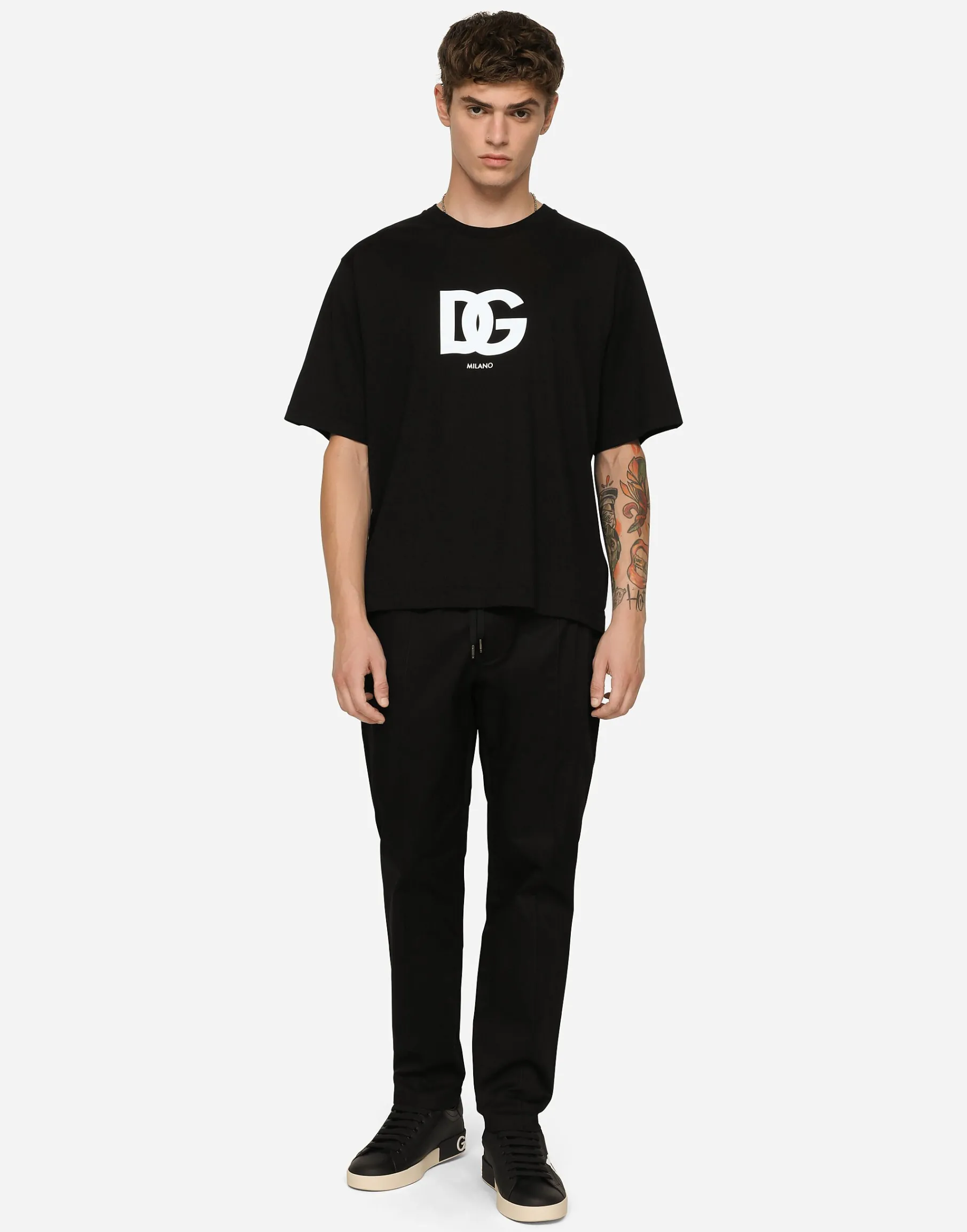 Stretch cotton jogging pants with plate