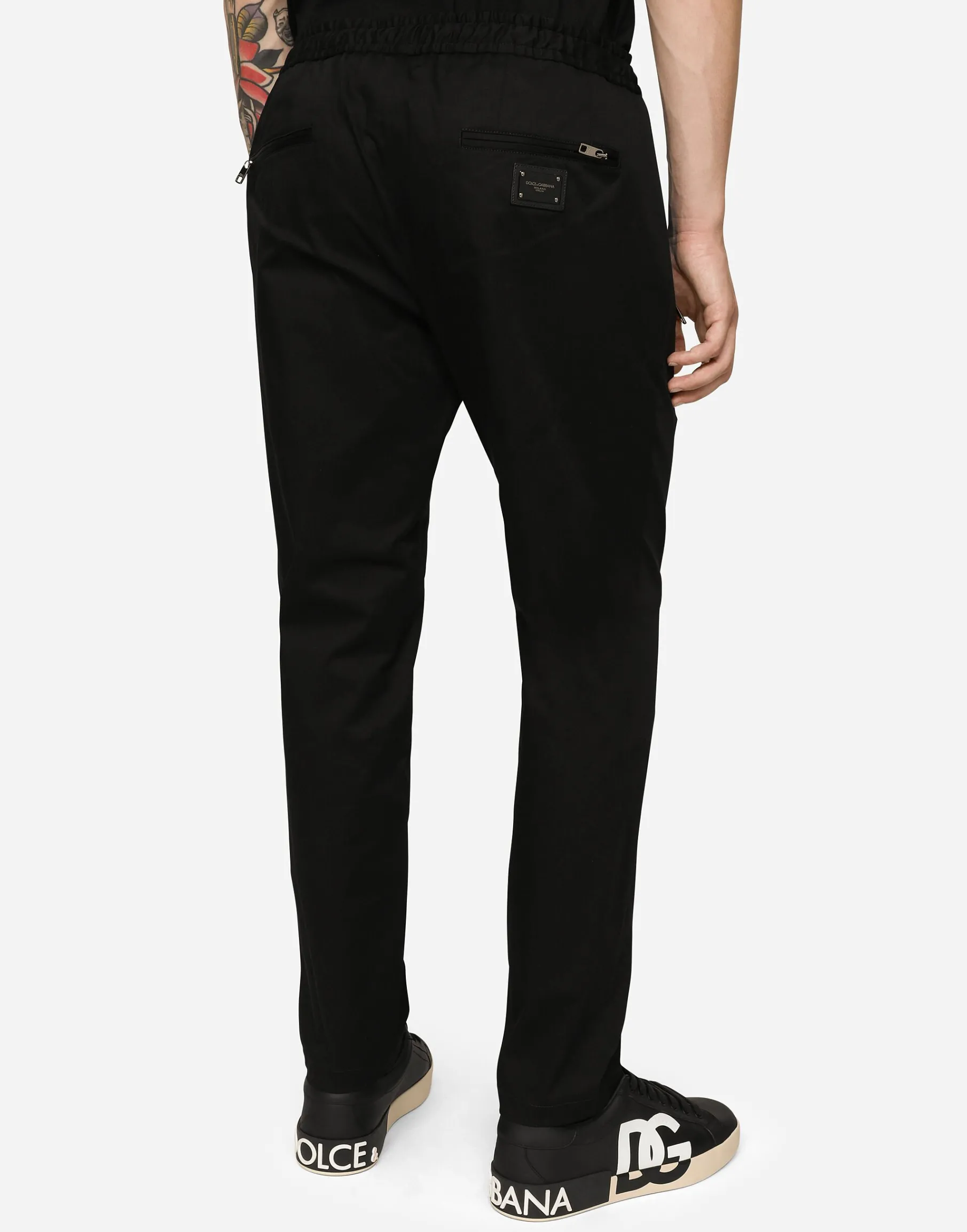 Stretch cotton jogging pants with plate