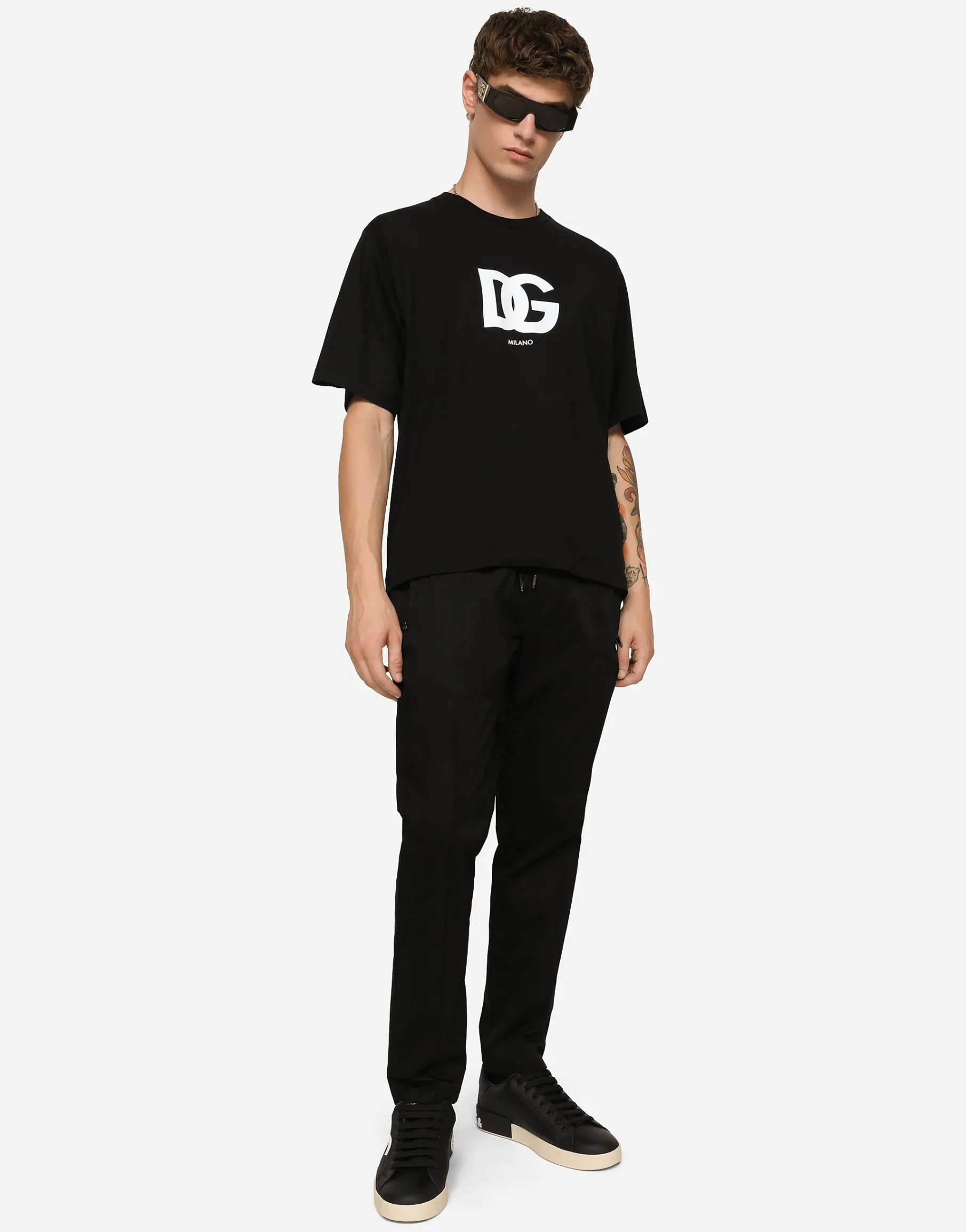Stretch cotton jogging pants with plate