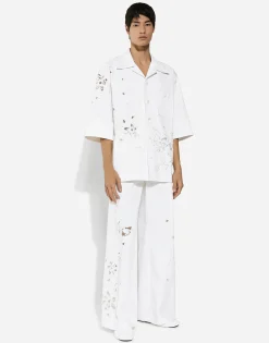 Stretch cotton pants with embroidery