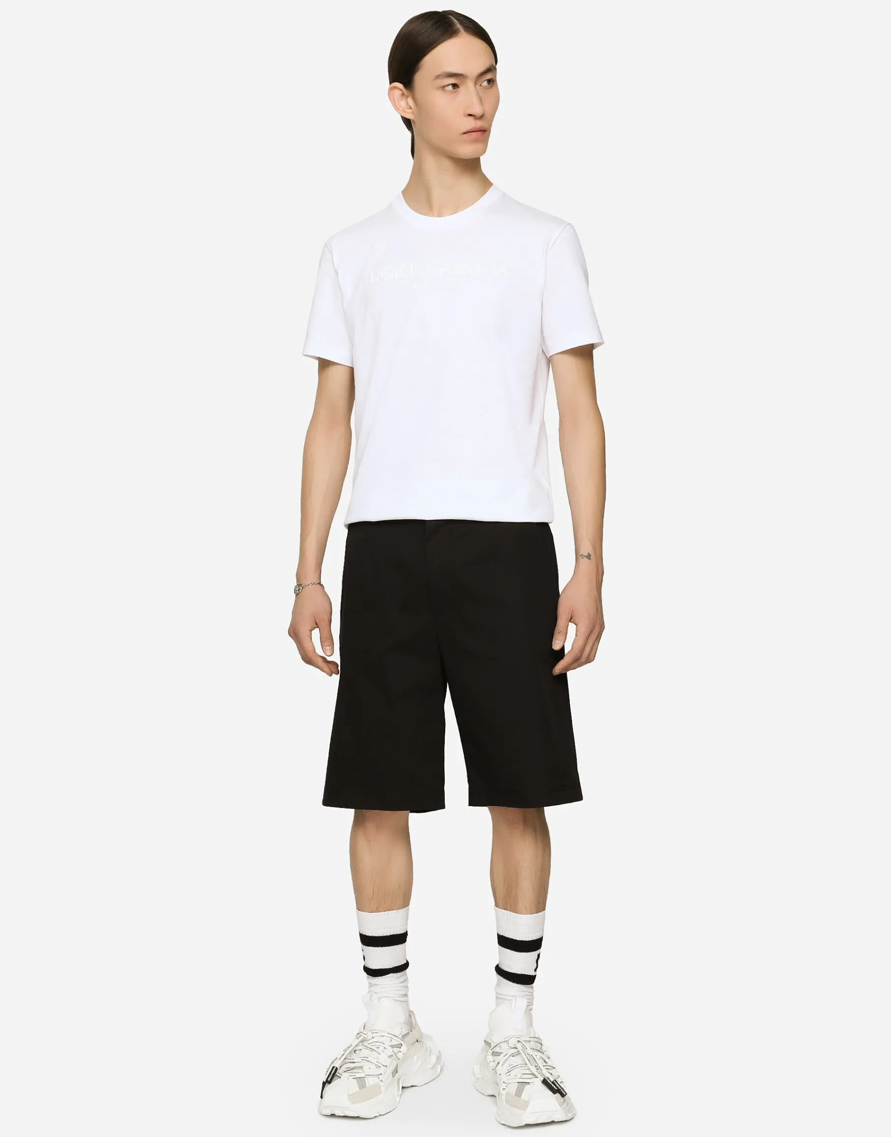 Stretch cotton shorts with branded tag