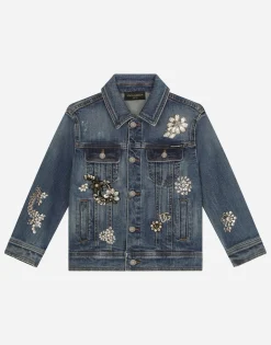 Stretch denim jacket with rhinestones and embroidery