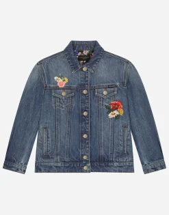 Stretch denim jacket with embroidery