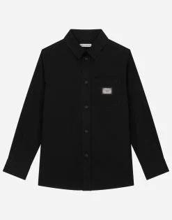 Stretch poplin shirt with logo tag