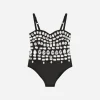 Stretch satin bodysuit with fusible rhinestones