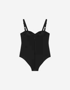 Stretch satin bodysuit with fusible rhinestones