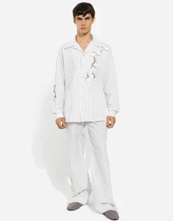 Striped poplin pants with embroidery