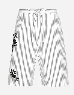 Striped poplin shorts with embroidery