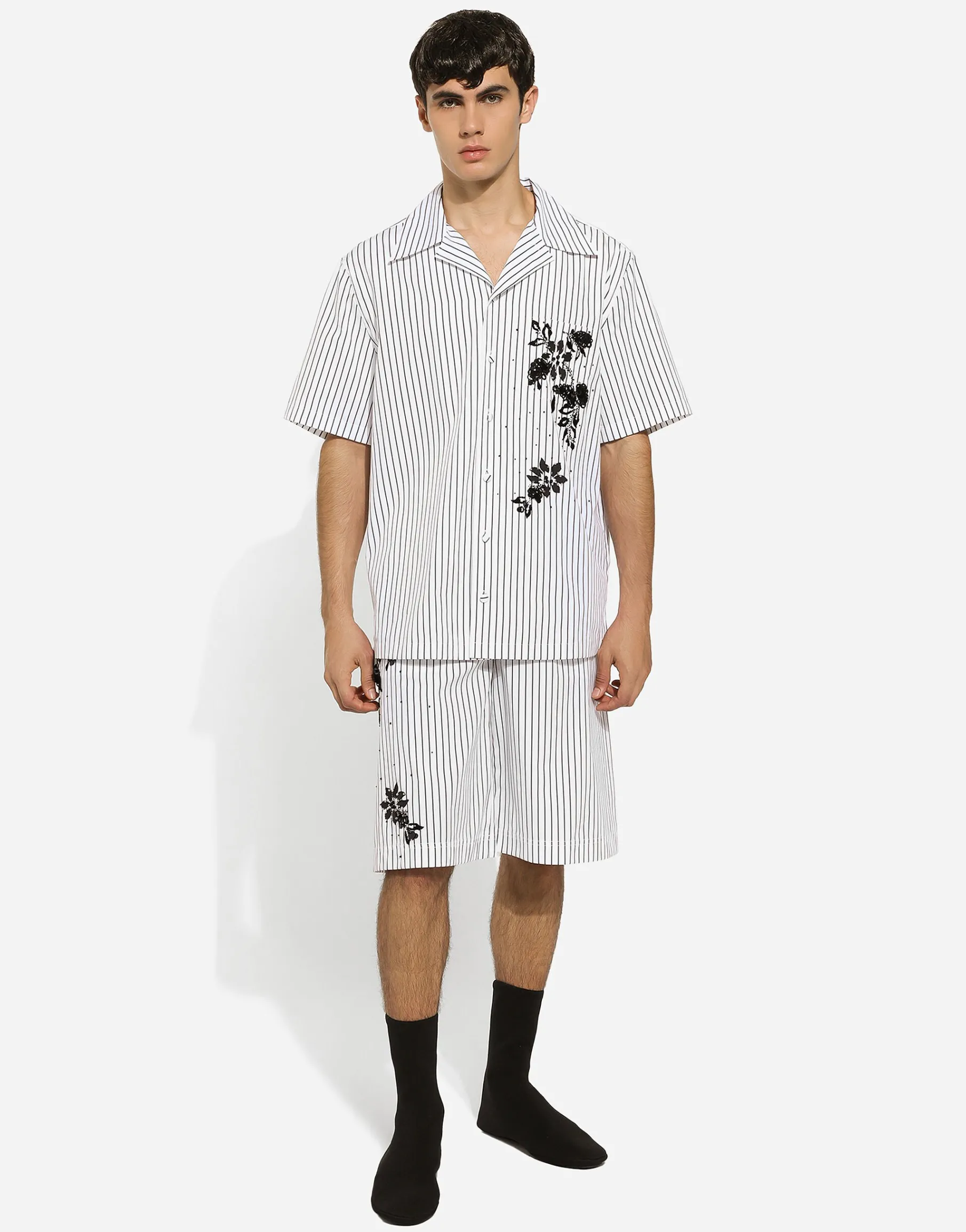 Striped poplin shorts with embroidery