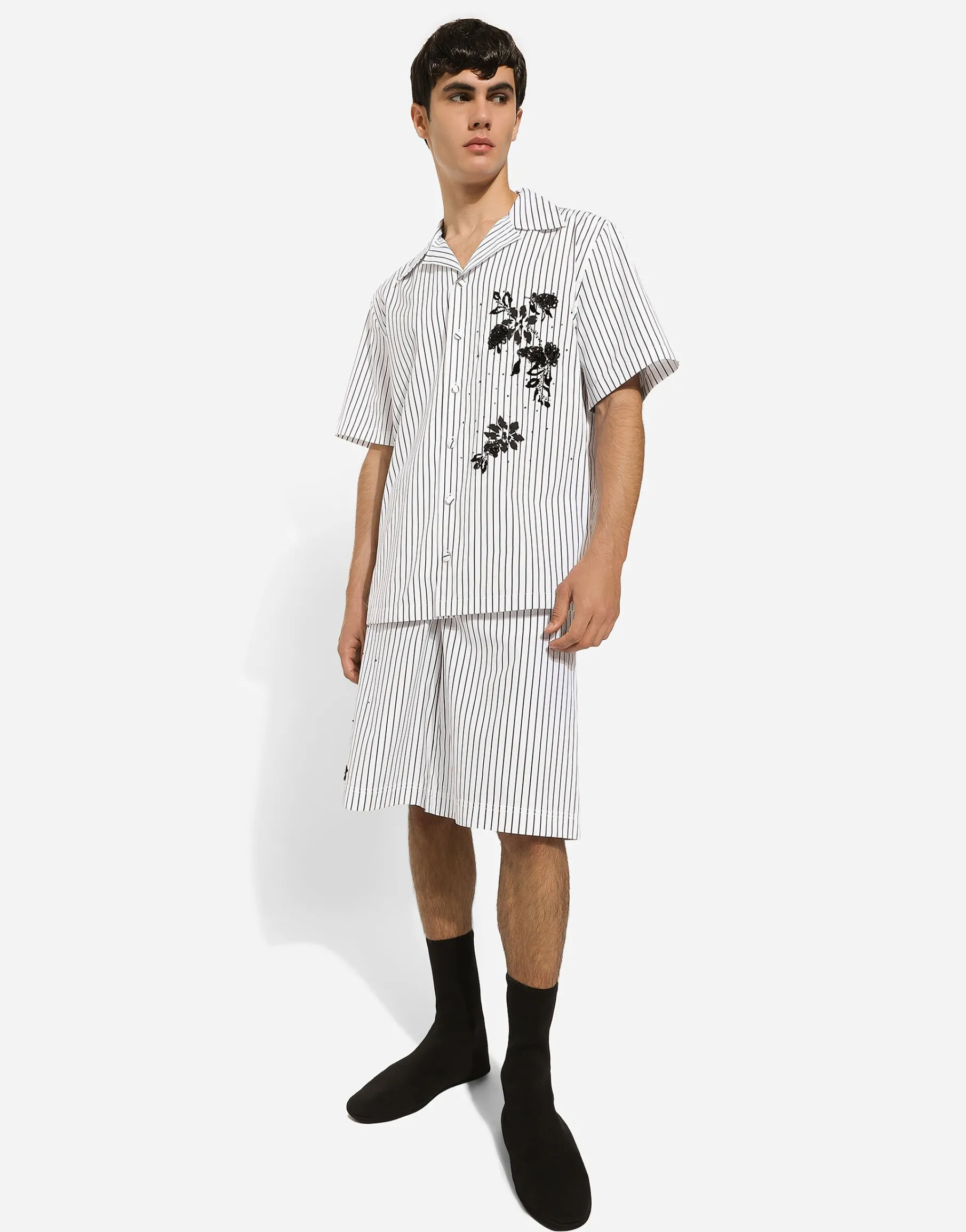 Striped poplin shorts with embroidery