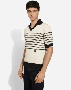 Striped silk V-neck polo-shirt with DG logo