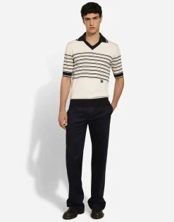 Striped silk V-neck polo-shirt with DG logo