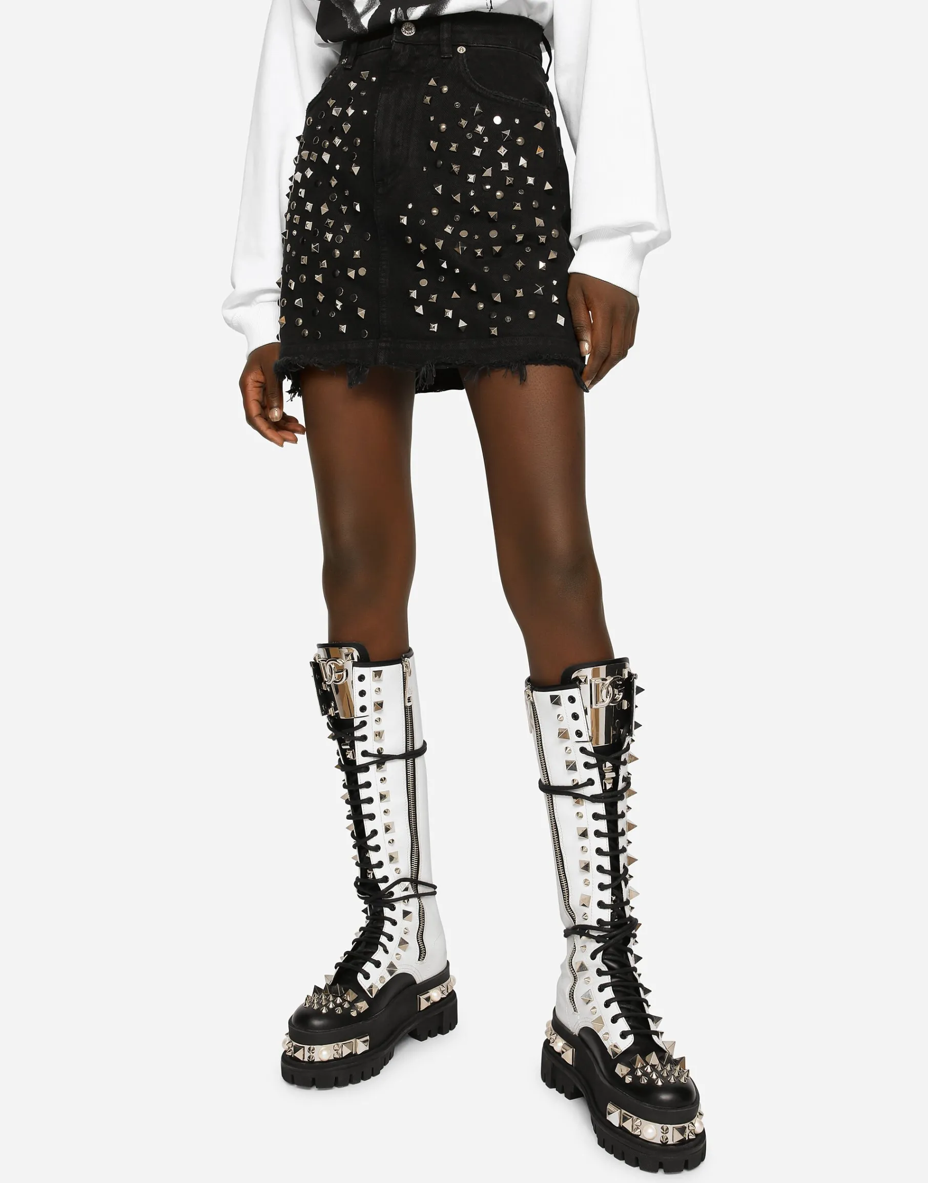 Studded denim miniskirt