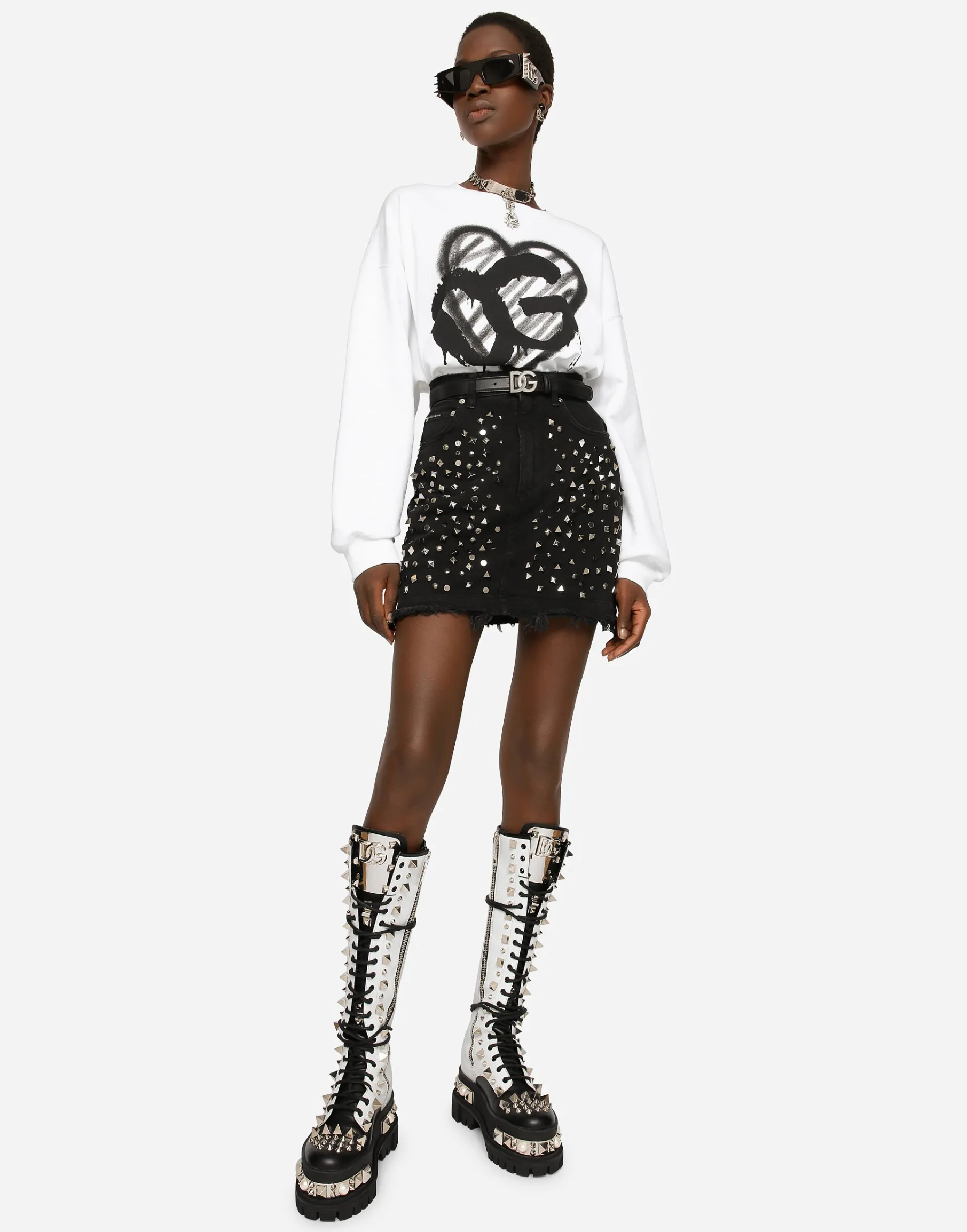 Studded denim miniskirt