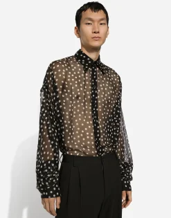 Super-oversize silk chiffon shirt with polka-dot print