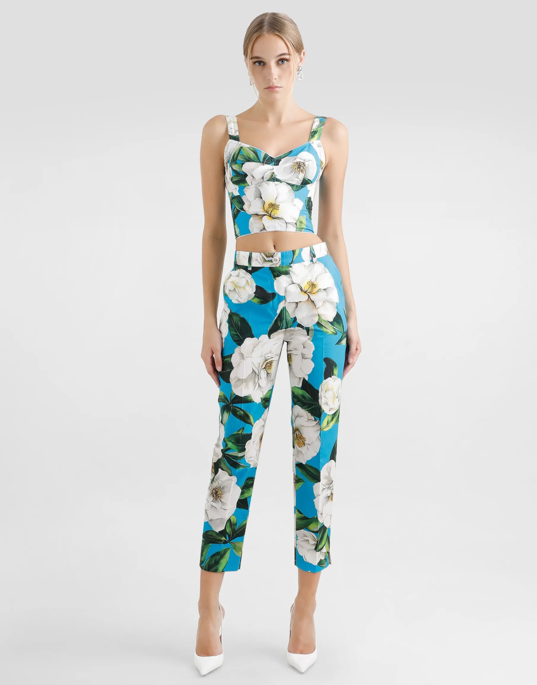 Tailored cotton pants with gardenia print