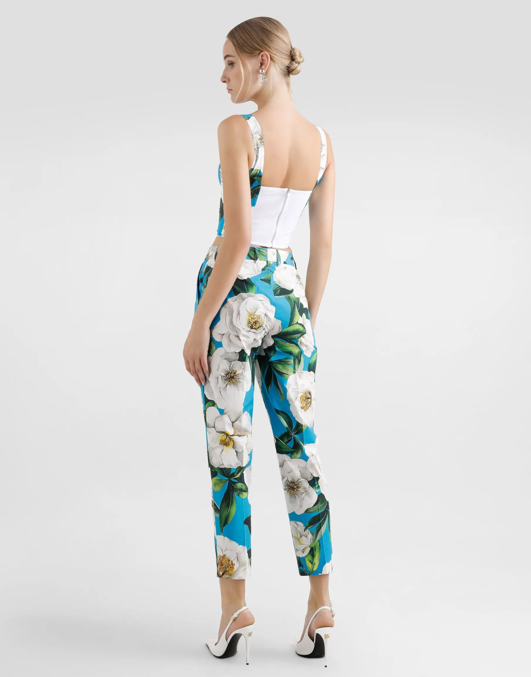 Tailored cotton pants with gardenia print