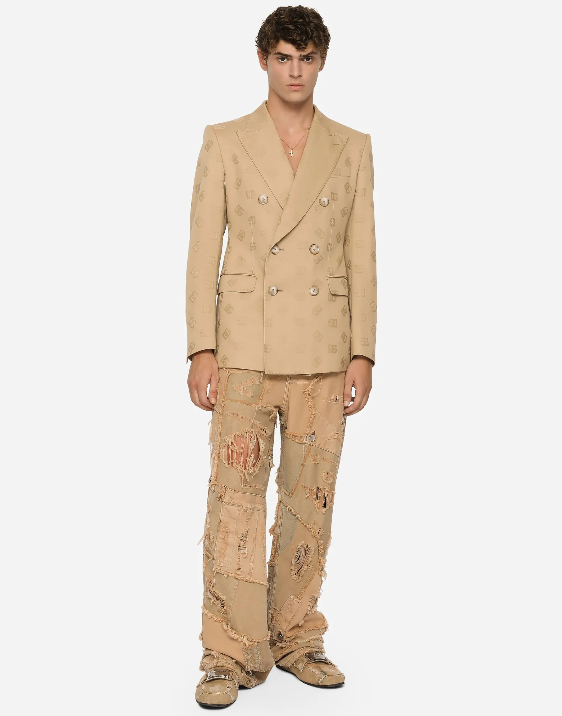Tailored double-breasted cotton jacket with jacquard DG details