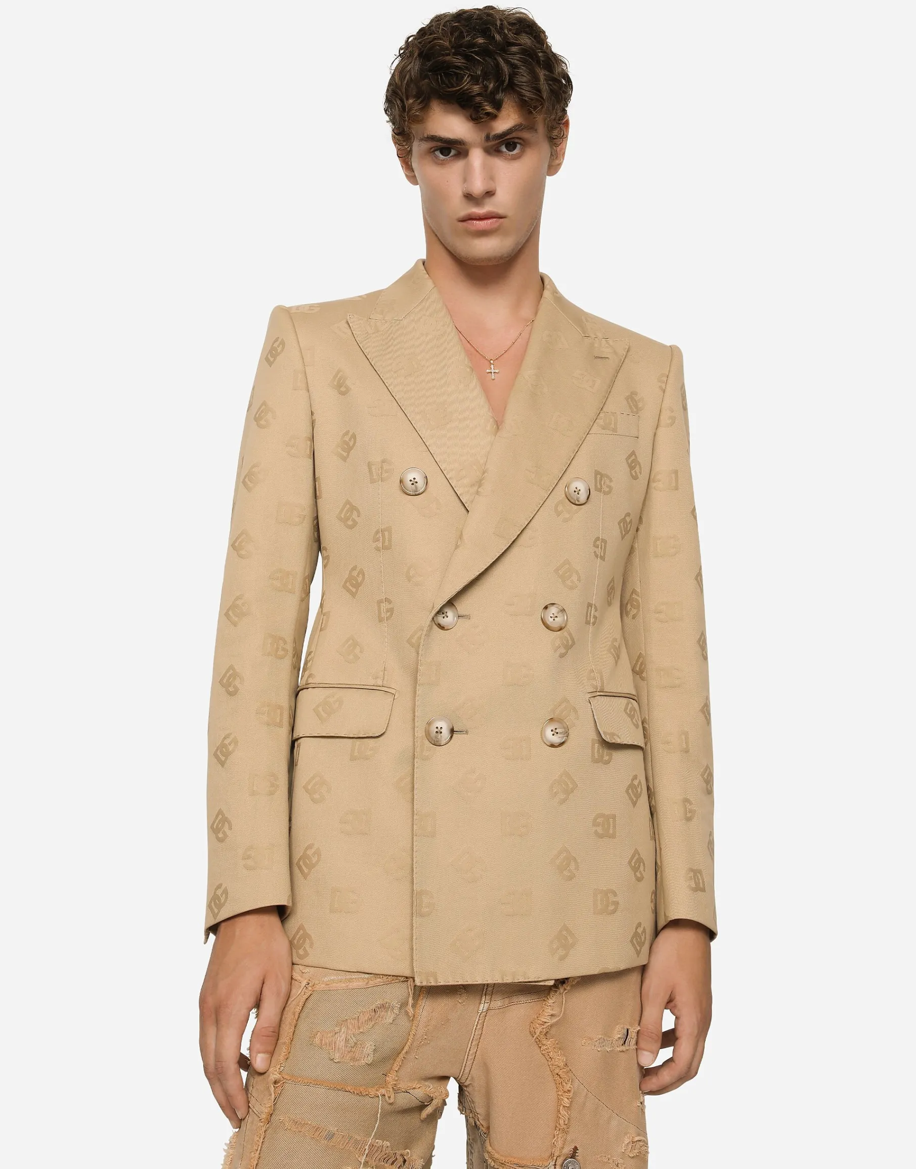 Tailored double-breasted cotton jacket with jacquard DG details