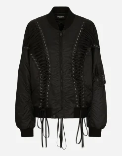 Technical fabric bomber jacket with laces and eyelets