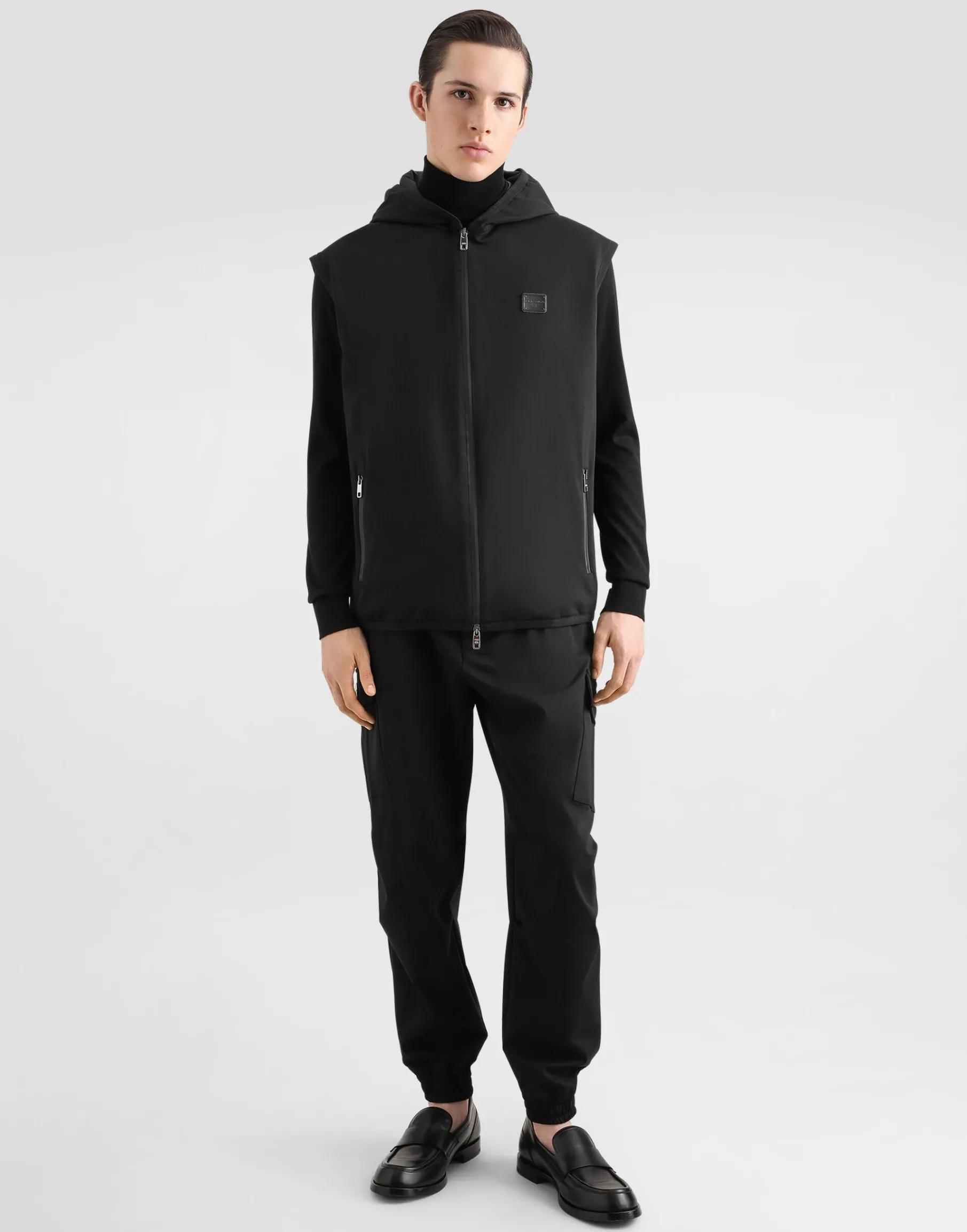 Technical fabric vest with hood