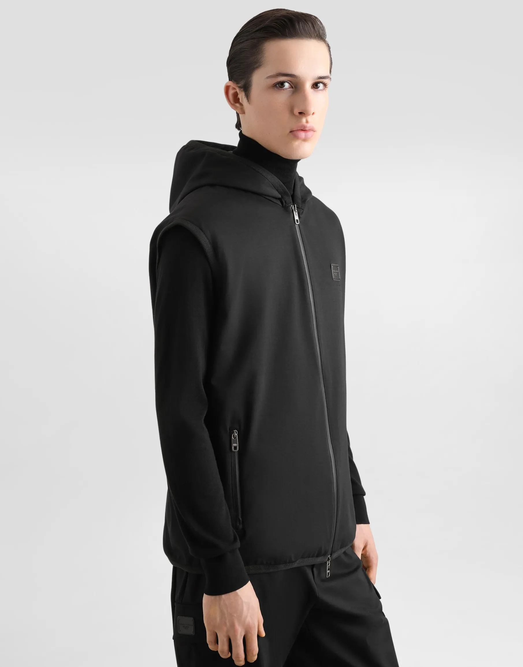 Technical fabric vest with hood