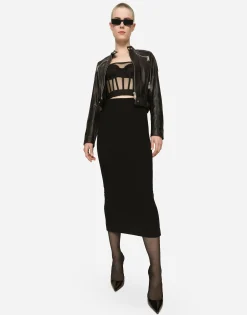 Technical jersey calf-length skirt