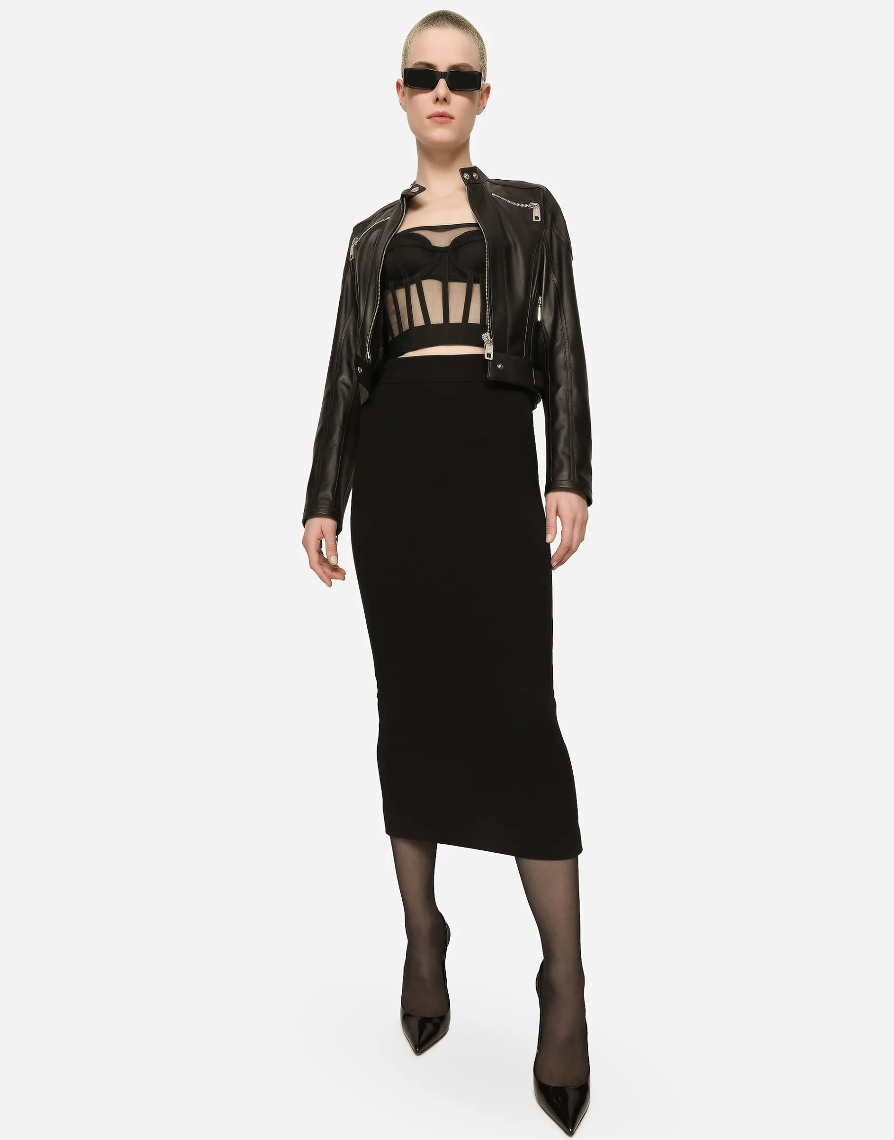 Technical jersey calf-length skirt