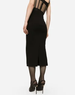 Technical jersey calf-length skirt