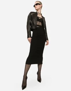 Technical jersey calf-length skirt