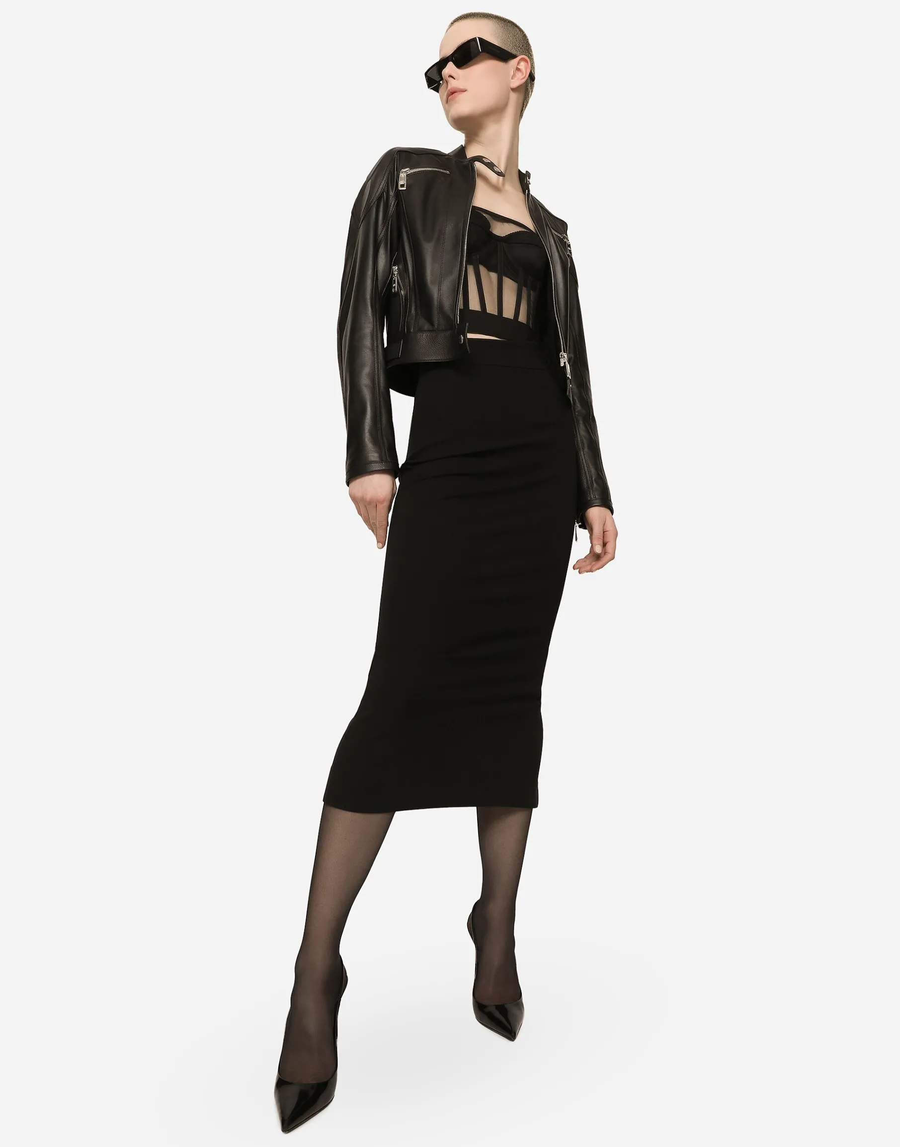 Technical jersey calf-length skirt