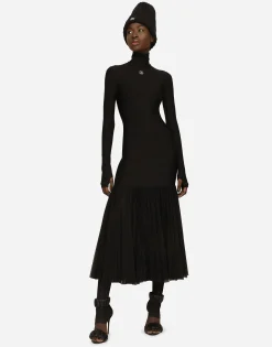 Technical jersey dress with tulle ruffle