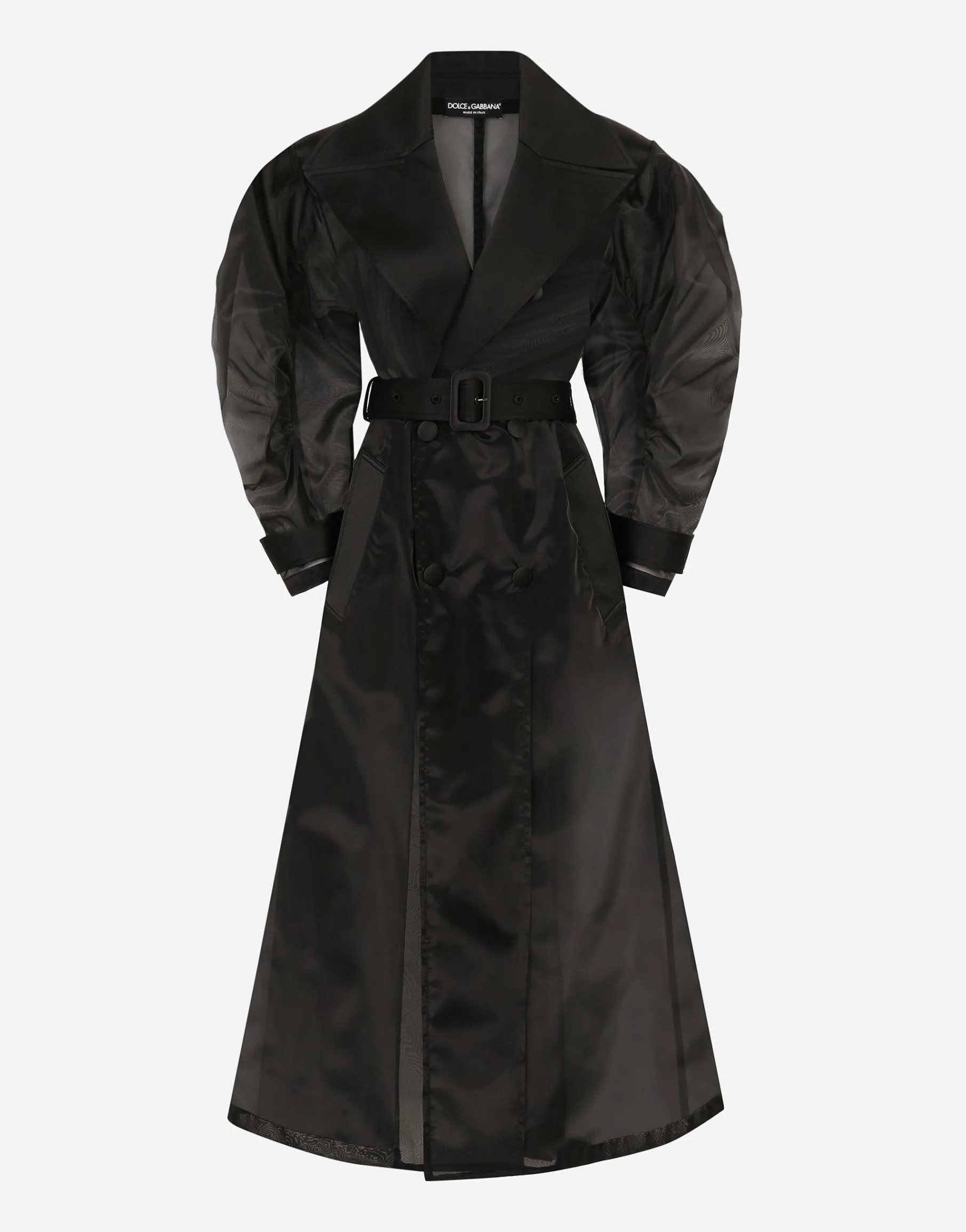 Technical organza trench coat with gathered sleeves