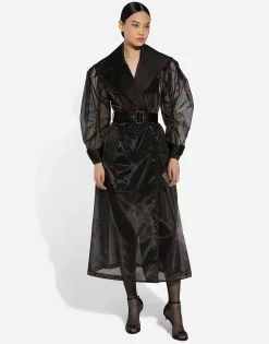 Technical organza trench coat with gathered sleeves